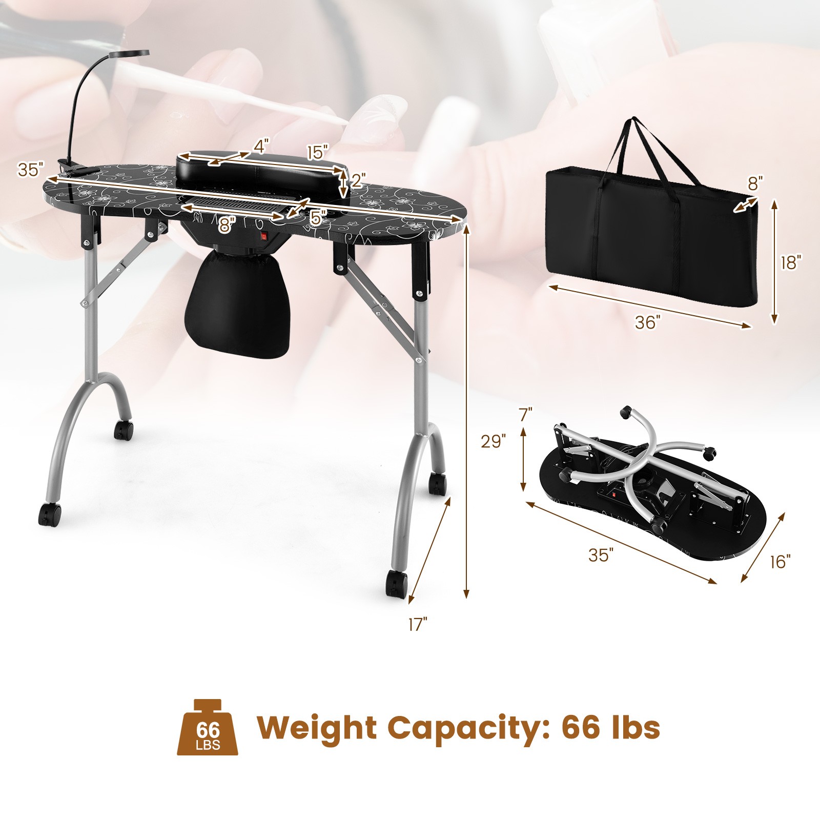 Folding Manicure Nail Table on Wheels w/Soft Wrist Pad & Electric Dust Collector