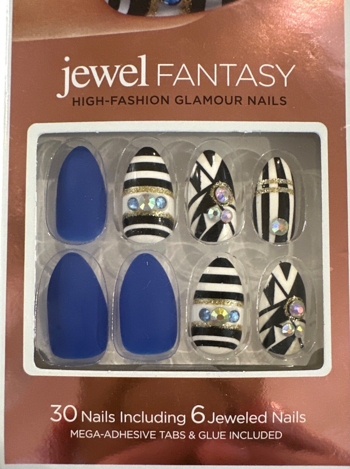 Kiss JEWEL FANTASY 30 Nails 6 Jeweled Medium Almond Matte+Glossy Stripes+Jewels