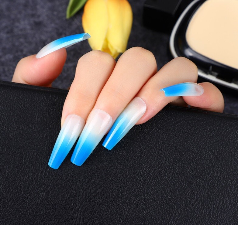 Handmade Press On Nails – Glossy Long Ombre Nails, Square Coffin Nails
