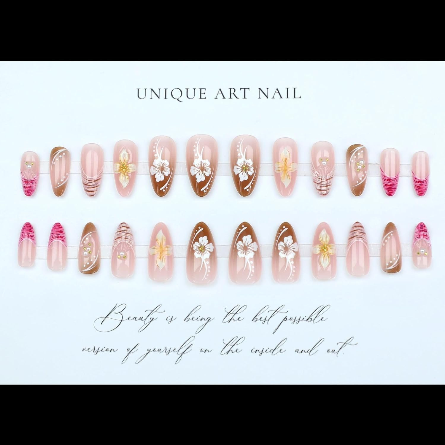 Almond Press on Nails – Nude Pink Brown Floral Fake Nails with White Flower & Pi