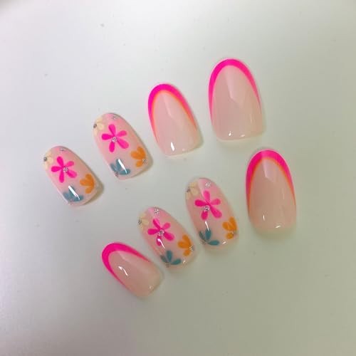 Pink French Press on Nails Almond Fake Nails with Flowers Flowers Designs-3