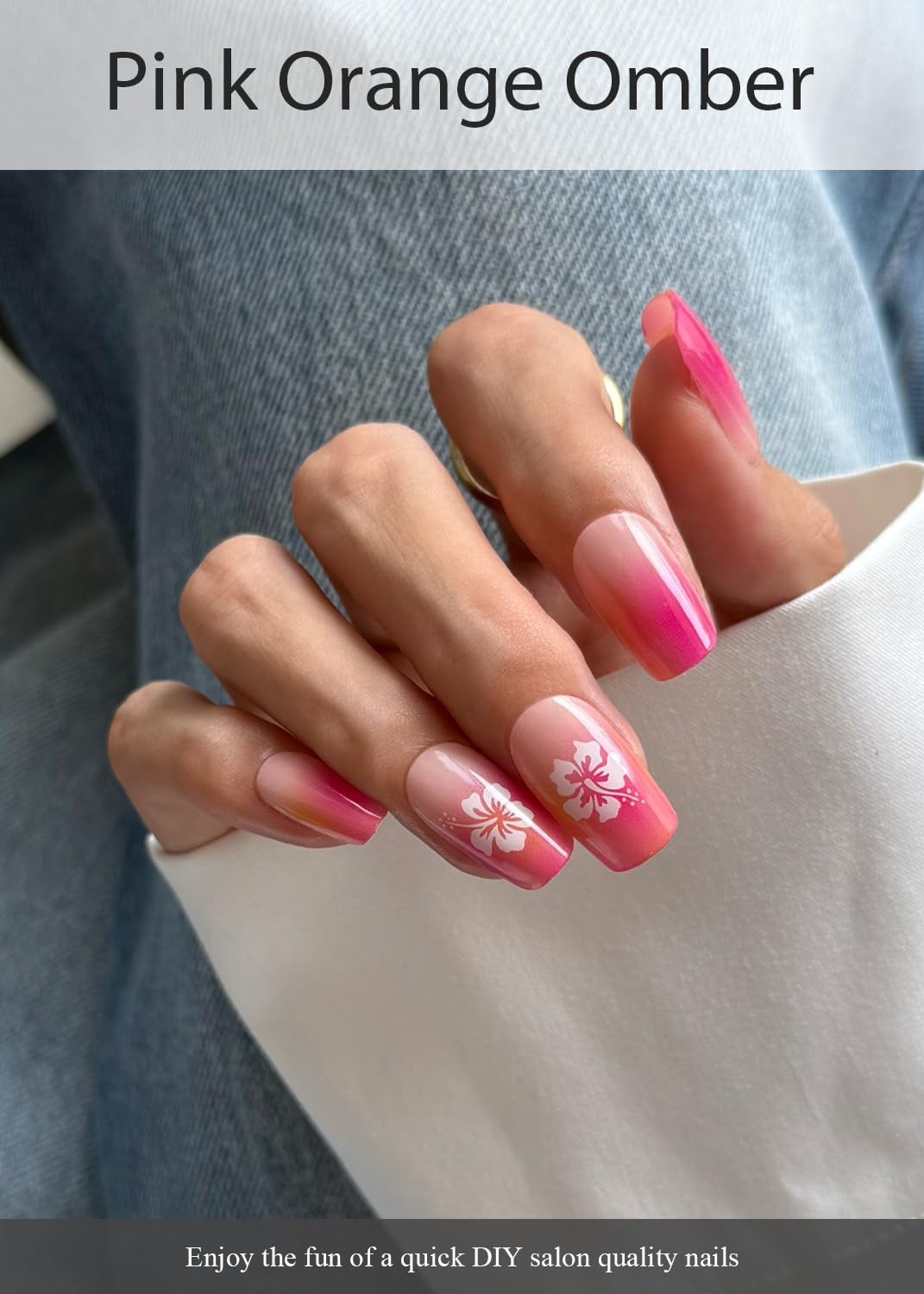 Semi Cured Nail Strips (Pink Orange Omber), 20 Pcs Summer Nail Wraps, Sticker…