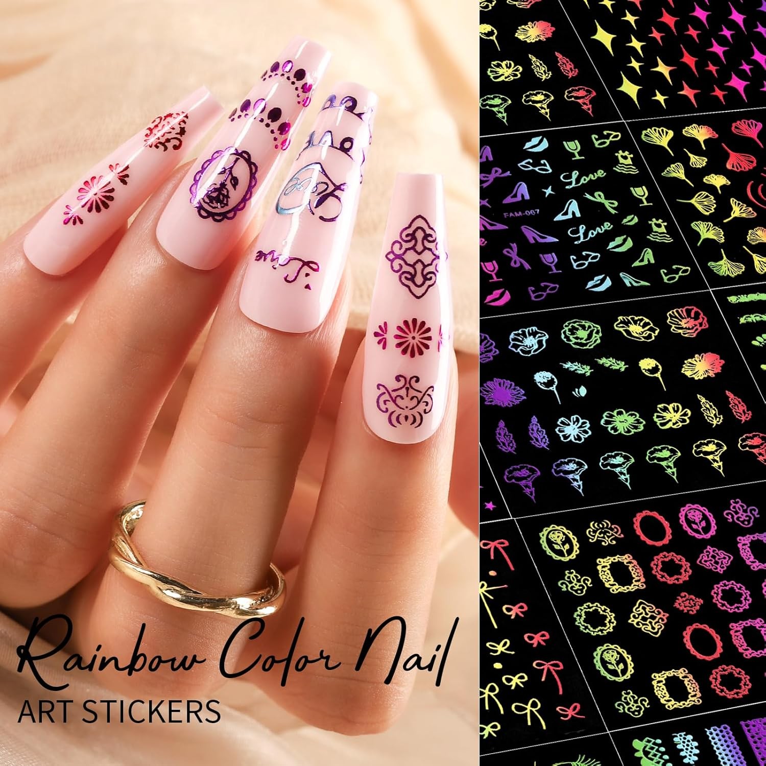 50 Sheets Nail Art Stickers, Rainbow Nail Rainbow Classic Design/Rainbow Line