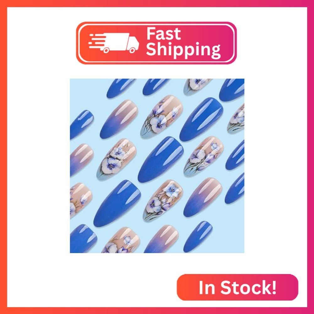 KTAABTR 24Pcs Flowers Press on Nails Medium Almond Nails Blue Fake Nails with Gl