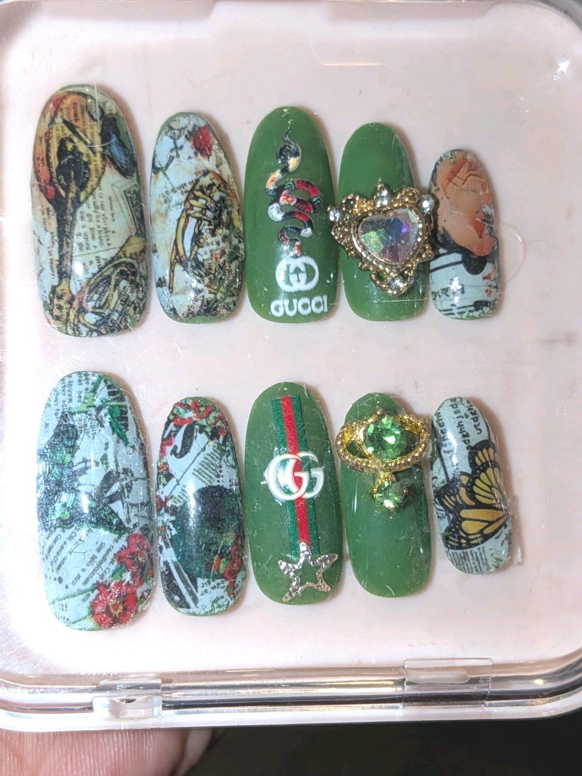 Printed custom decorative 10pc short acrylic press on nails sz medium Glue…