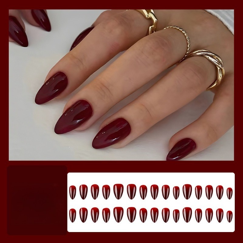 60Pcs-Glossy Burgundy Press on Nails Medium Almond Nail Solid Color Manicure