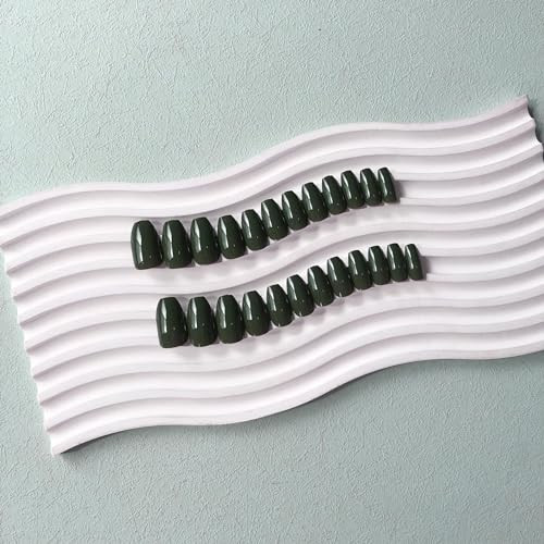 Olive Green Press on Nails Short Medium Coffin, Solid Color glossy dark green