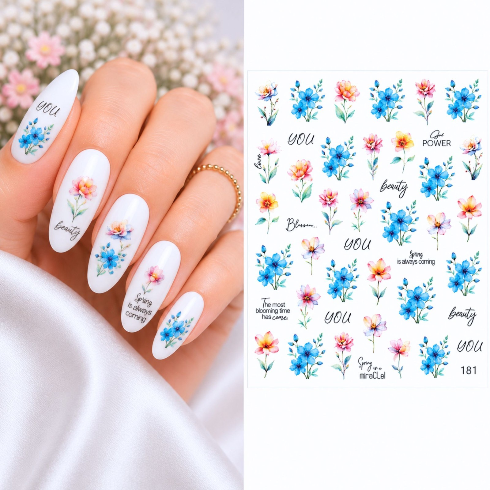 Blue Flower Water Transfer Nail BEAUTY QUOTE Sticker Art Decal DIY Manicure Gift