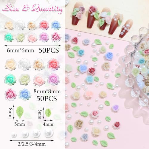 300Pcs Flower Nail Charms 3D Mixed Size Rose Flower Nail Accessories Pearl