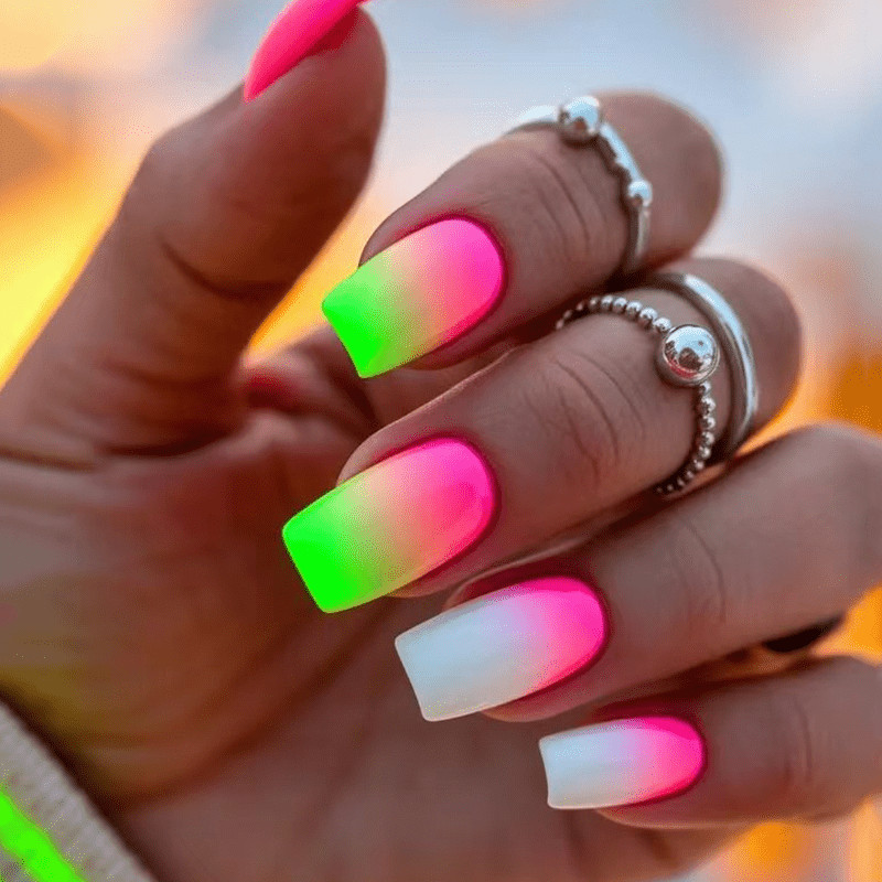 48Pcs-Bright Ombre Fake Nails Short Square Neon Pink Green White Gradient Nail