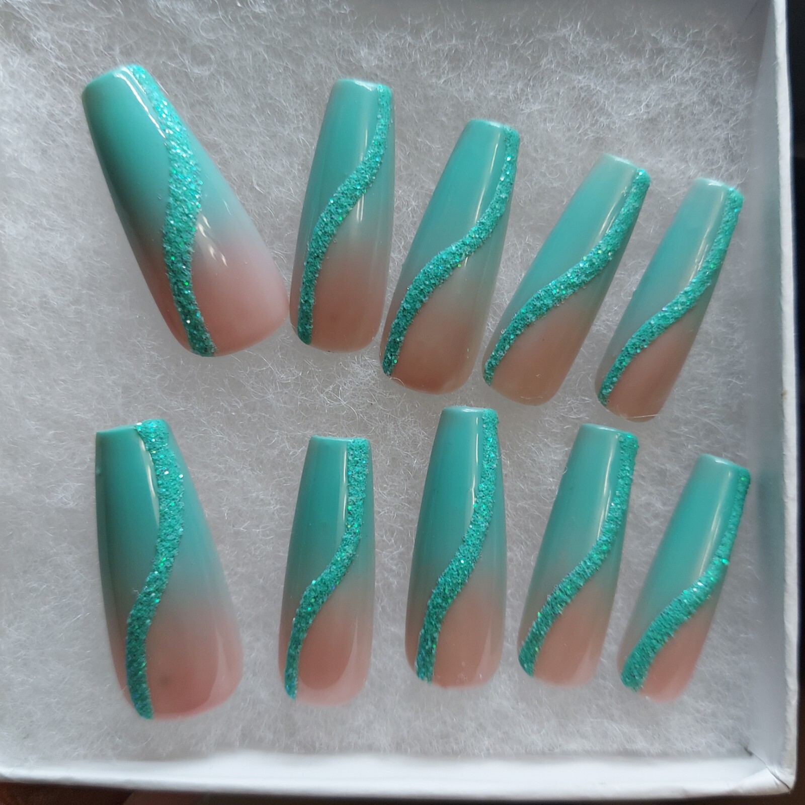 Ocean Beach Wedding Nails Teal Turquoise Glitter Sugar Swirl Press on Nails