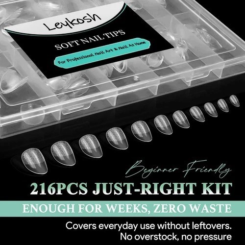 Extra Short Almond Nail Tips – 216pcs Soft Gel Full Cover Fake Nails, 70-Grit…