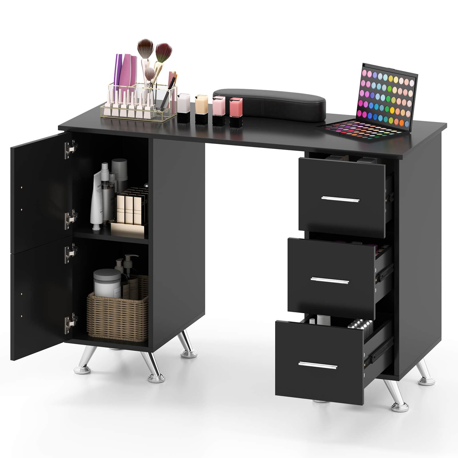 Manicure Table Nail Desk with Drawers Wrist Rest Metal Legs Nail Tech Station