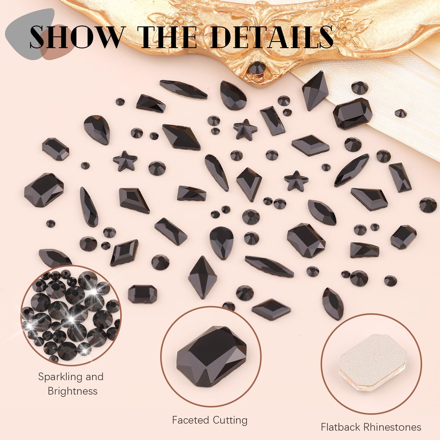 3220Pcs Black Glass Nail Rhinestones 120Pcs Multi Shapes Flatback Nail Gems + 31