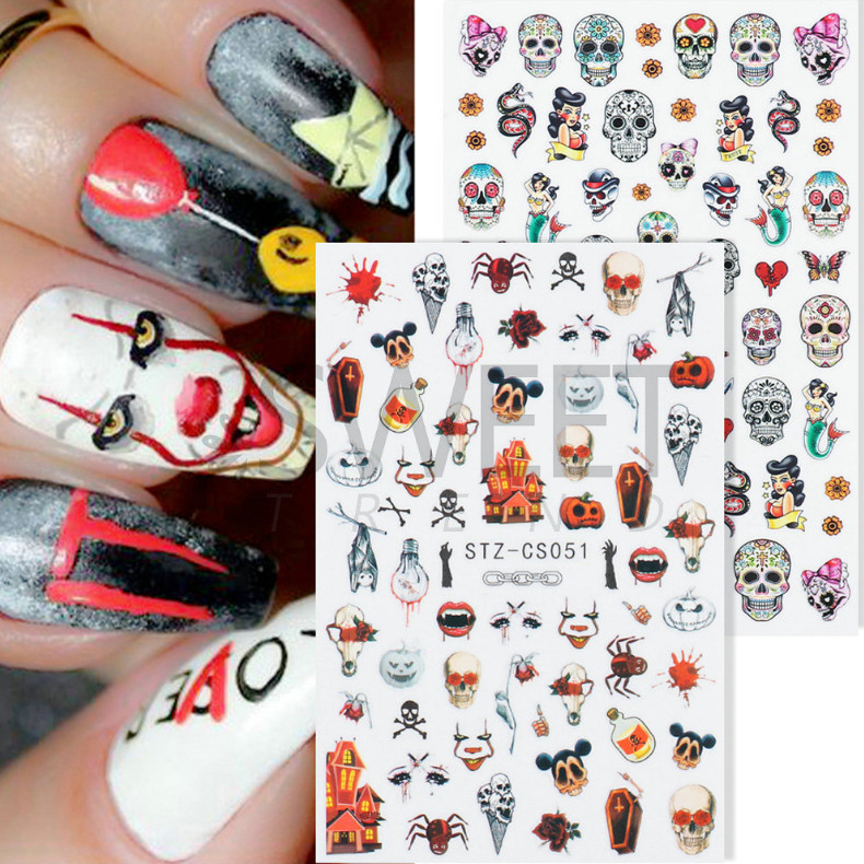 Nail art 3D stickers Skull skeleton Zombies pumpkin RIP ghost Halloween DIY NS38