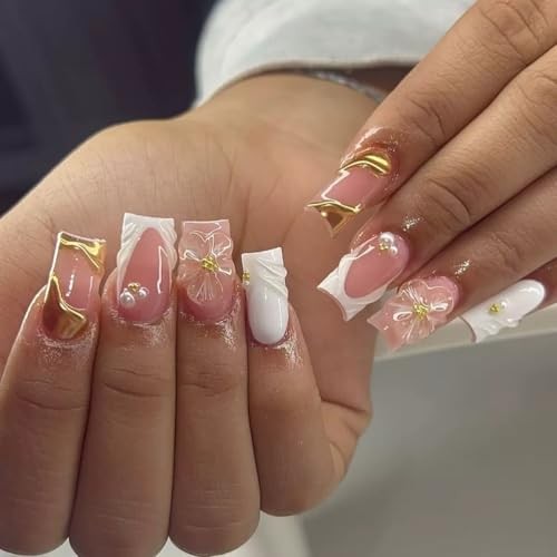 Square Press on Nails Medium Short Fake Nails White 1 Fl Oz (Pack of 1) Gold