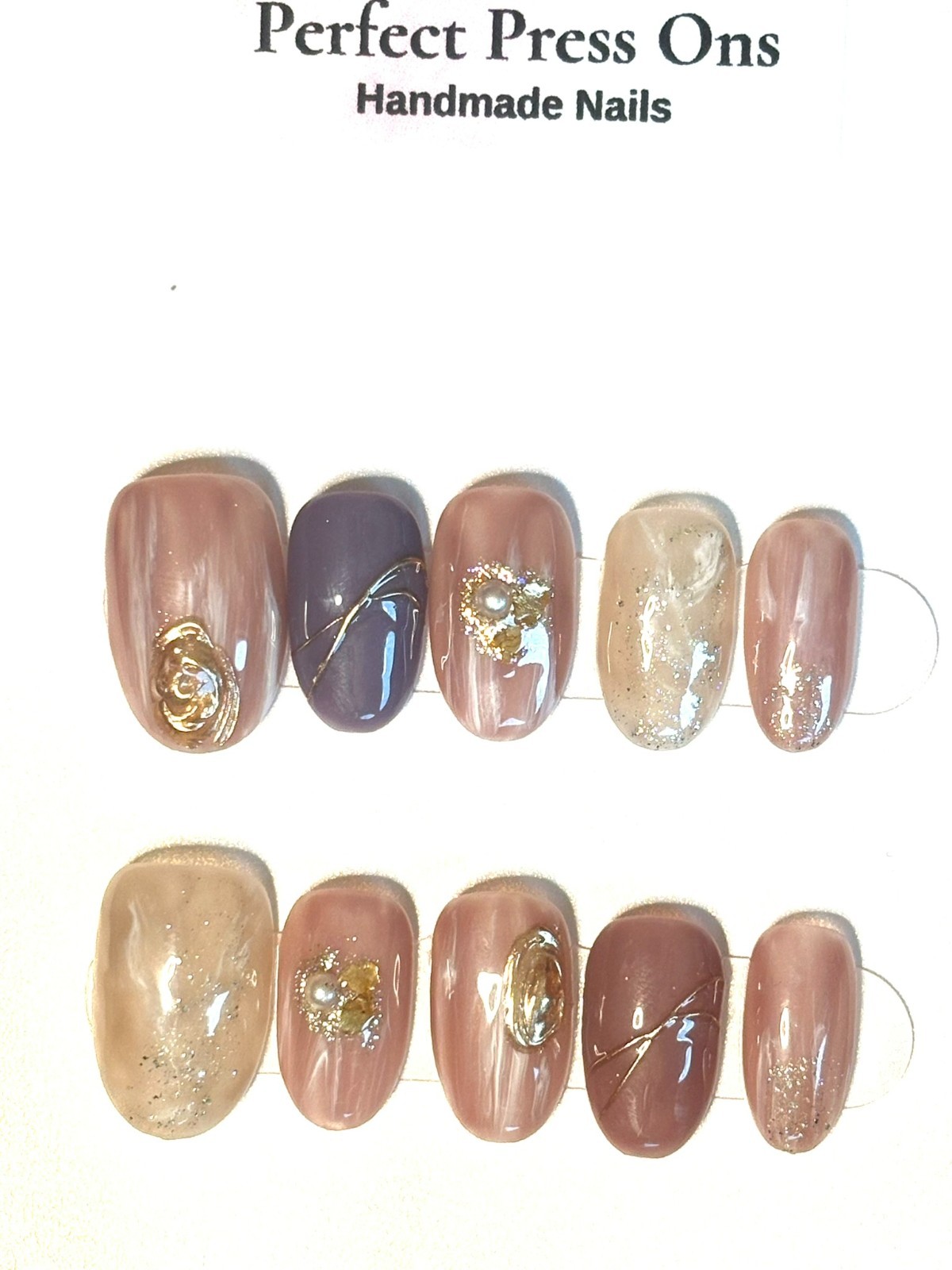 Nude Grey Press On Nails Gold Foil Accent Swirl Luxury Handmade Nails Medium