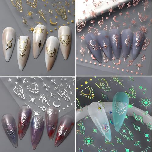 12 Sheets Star Nail Stickers for Nail Art Gold Moon Star Nail Art Style 3
