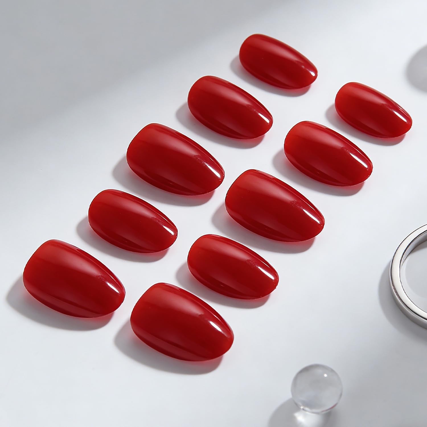 32Pcs Red Press on Nails Short Almond Fake Nails Solid Color Acrylic Nails Gl…