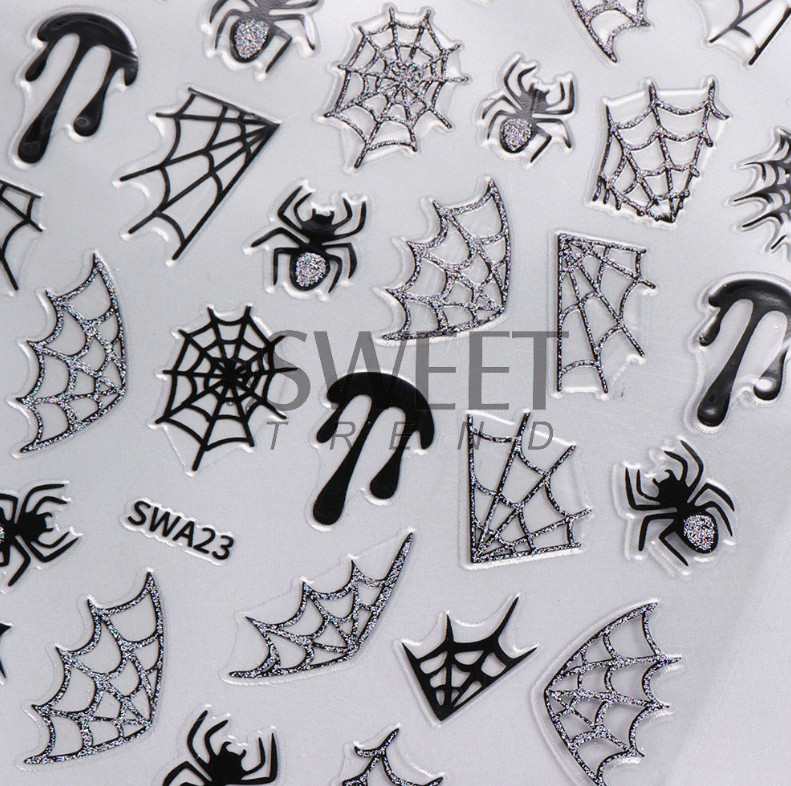 Embossed Glitter Halloween Spider Web Nail Art Stickers Self Adhesive NH27