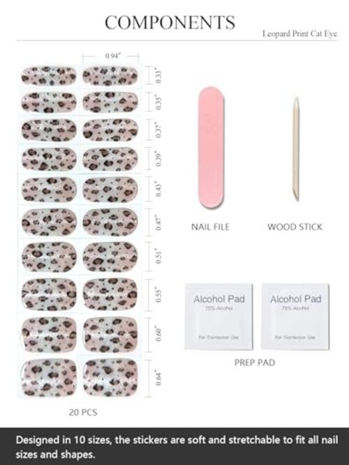 Semi Cured Gel Nail Strips (), Brown, 20 Pcs Fall Gel Leopard Print Cat Eye
