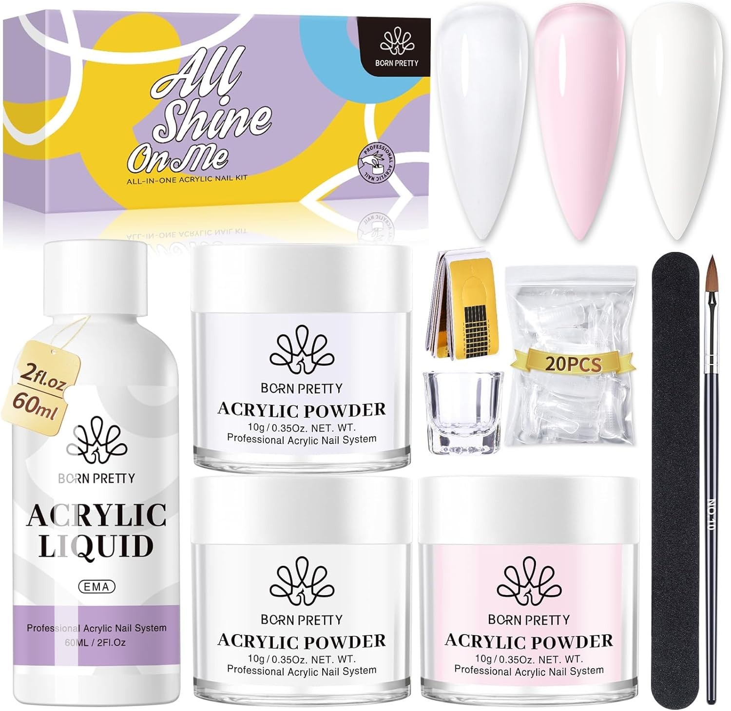 Luxury Acrylic Nail Kit: Pink, White, Clear Powder & Monomer for 40 Perfect Tips