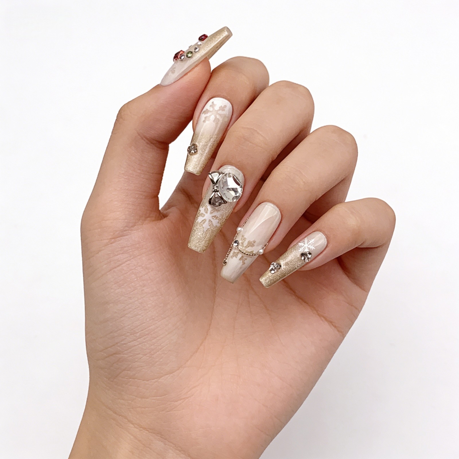 Gold Snowflake Press On Nails Long Coffin Rhinestone Christmas Nail Set