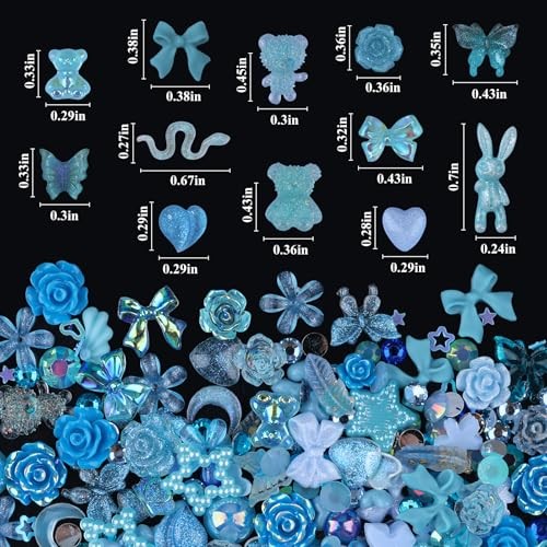 100 Pieces 3D Resin Butterfly Bear Nail Charms Rose Flower Peach Skirt Bow Blue