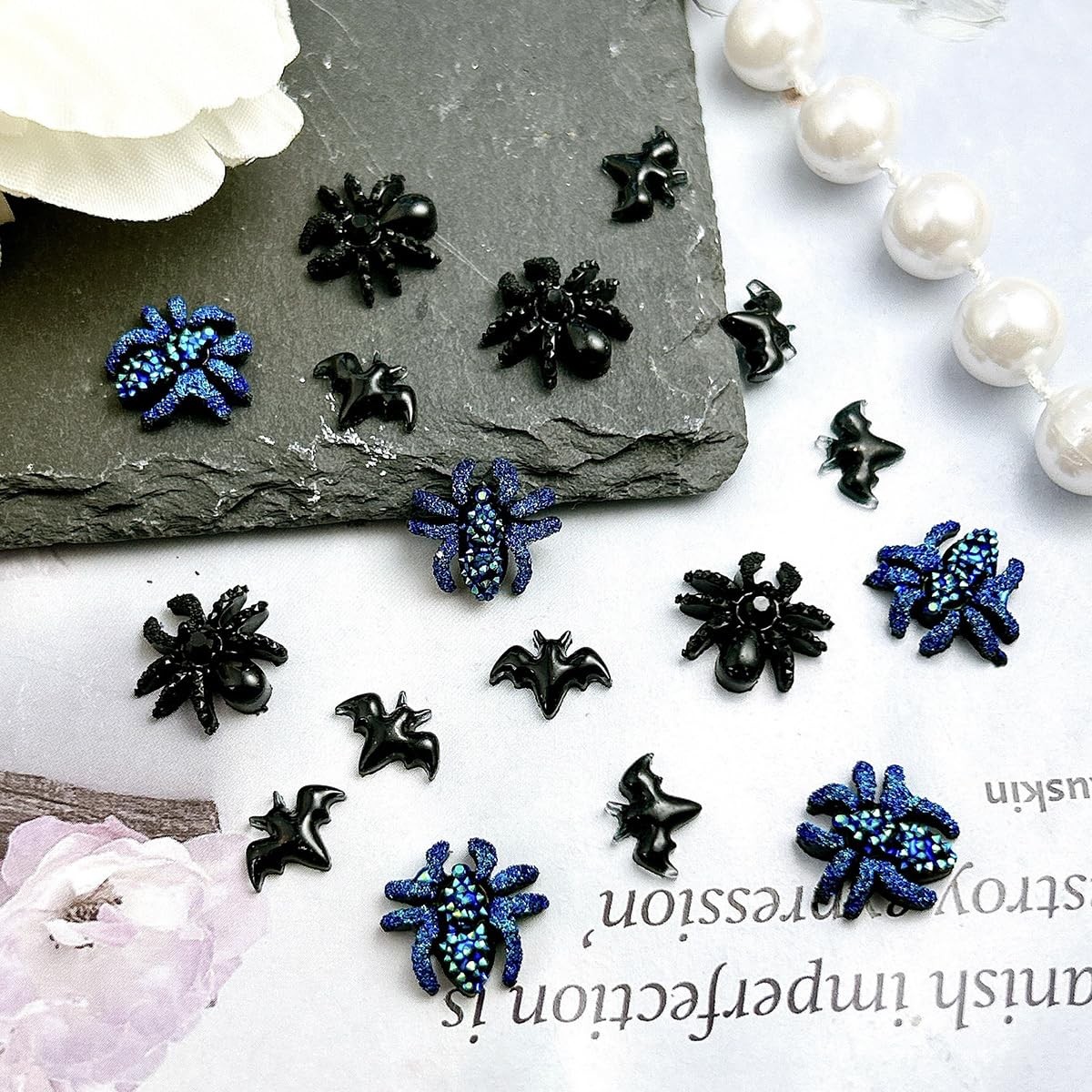 60Pcs Halloween Nail Charms Glitter Blue Spider Nail Rhinestones 3D Resin Bla…