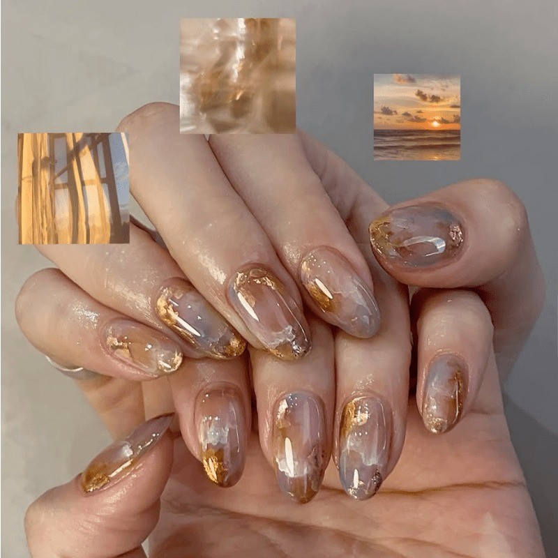 48 gold-plated amber transparent fake nails removable nails, suitable for women
