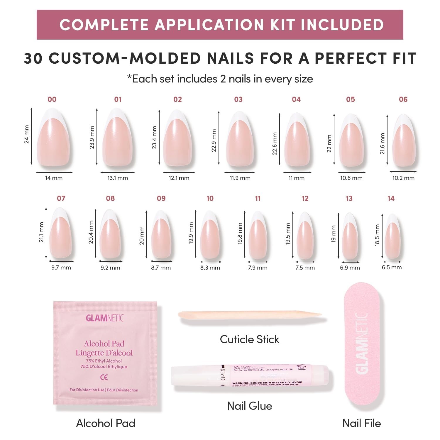 Salon Quality French Tip Press-On Nails – 30 Count Mother Pearl Almond Style