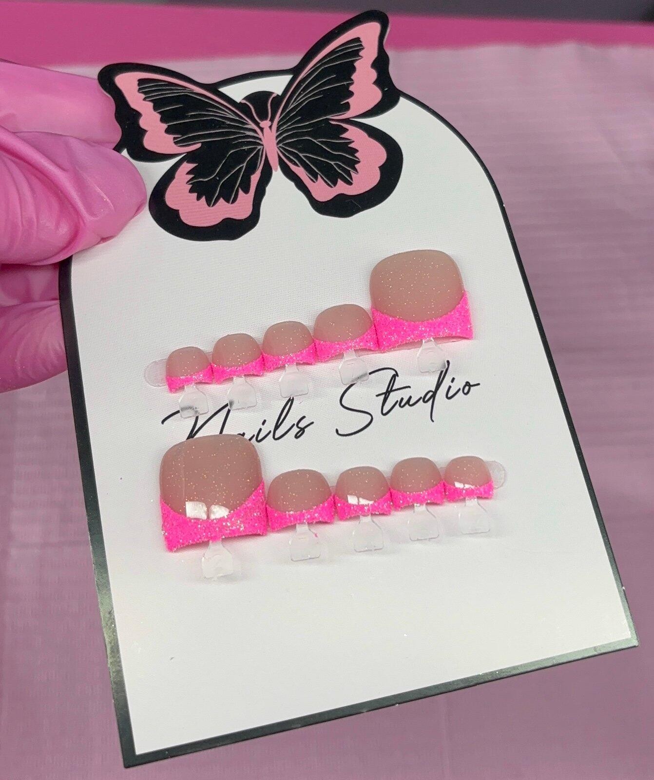 Press on toenails pink glitter French tips handmade custom builder gel nude