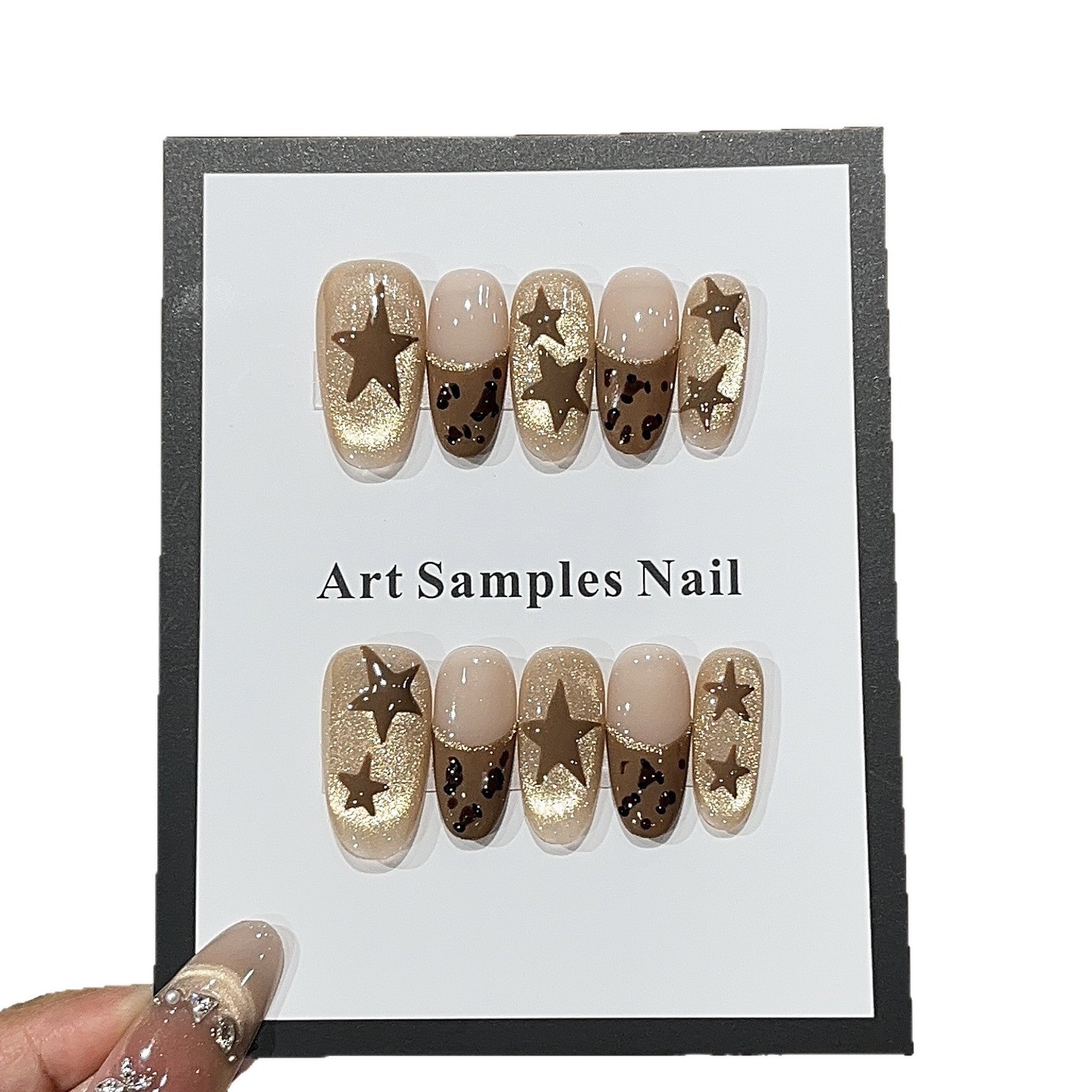 10Pcs Handmade Brown Leopard Medium Oval Nails Bead Cat Eye Autumn Winter Style