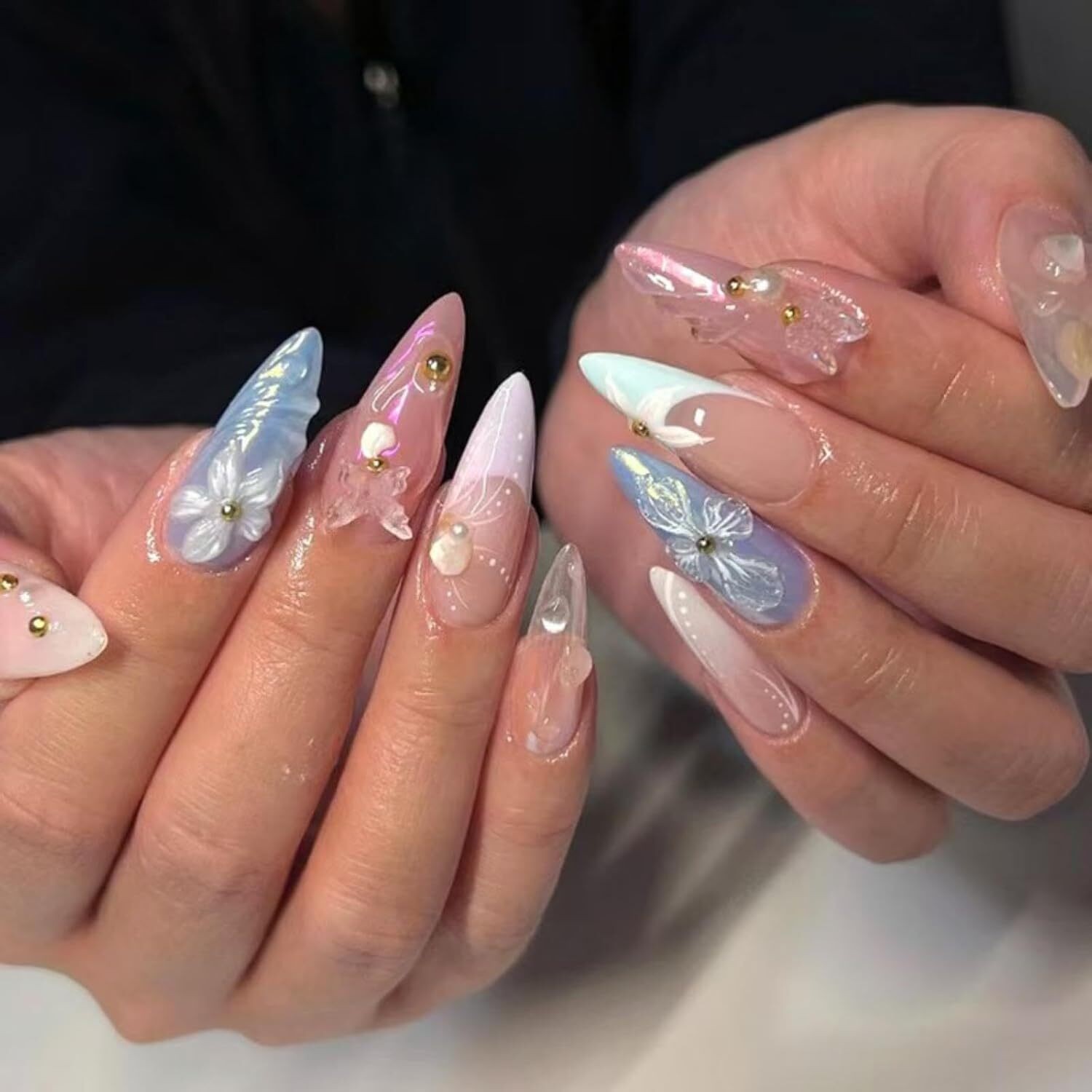 White French Tip Press On Nails Medium Almond 5D Flower Pearl Fake Nail Set