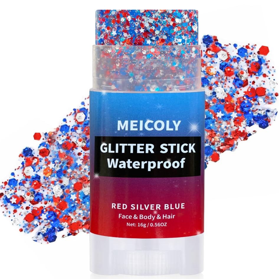 Red White and Blue Face Body Glitter Stick with Star Sequins,4th of July Acce…