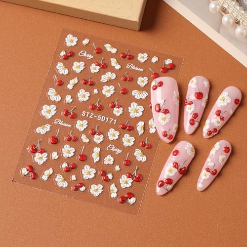 5D Nail Stickers Flower Cherry Nail Decals Embossed Self-Adhesive Cute Spring