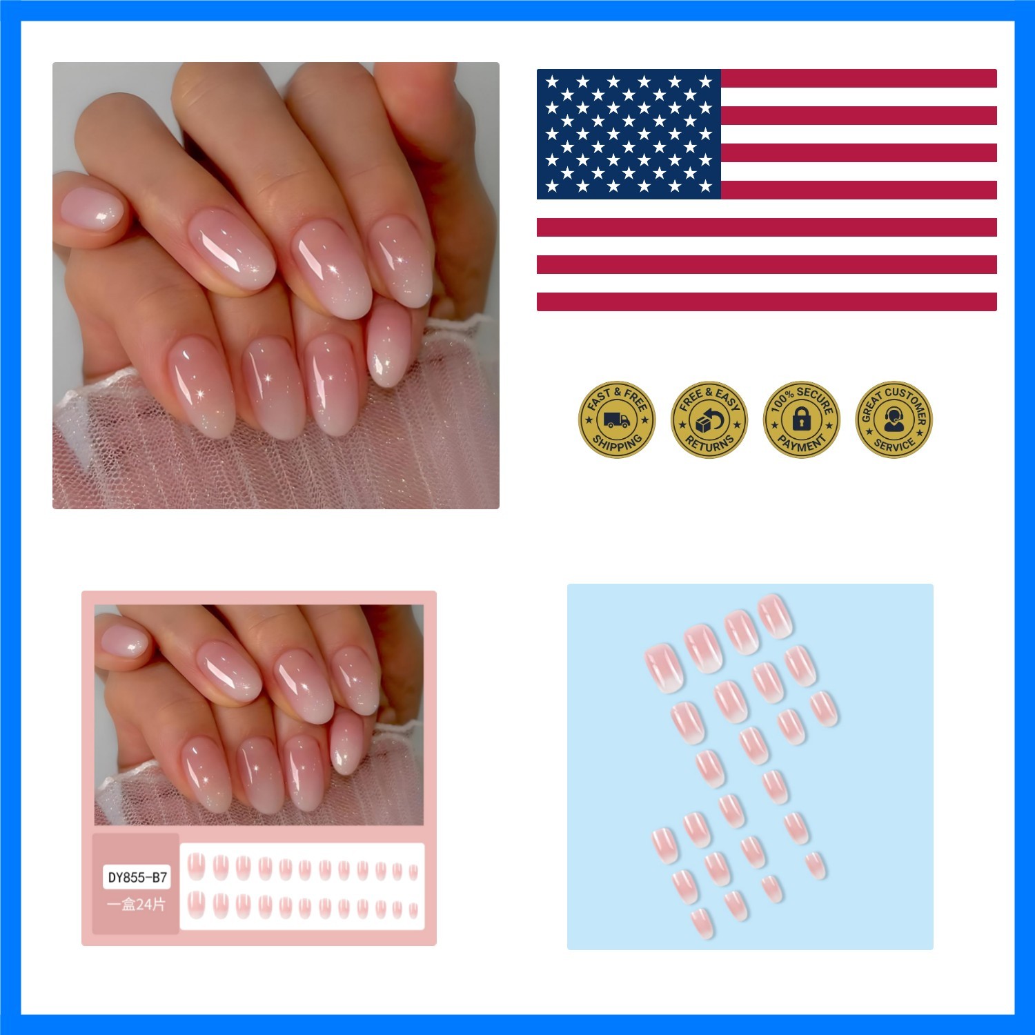 Gradient Press on Nails Medium Nude Pink Fake Nails Complete Set of Acrylic N…