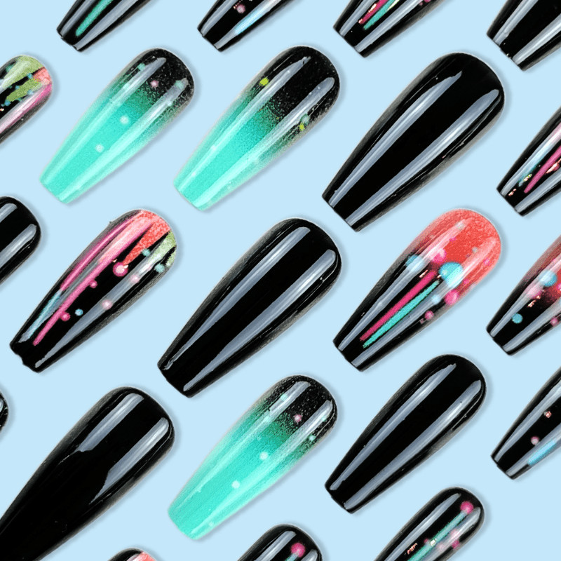 48Pcs-Long Taper Coffin Galaxy Gradient Bright Pink Blue Dot Press on Nails