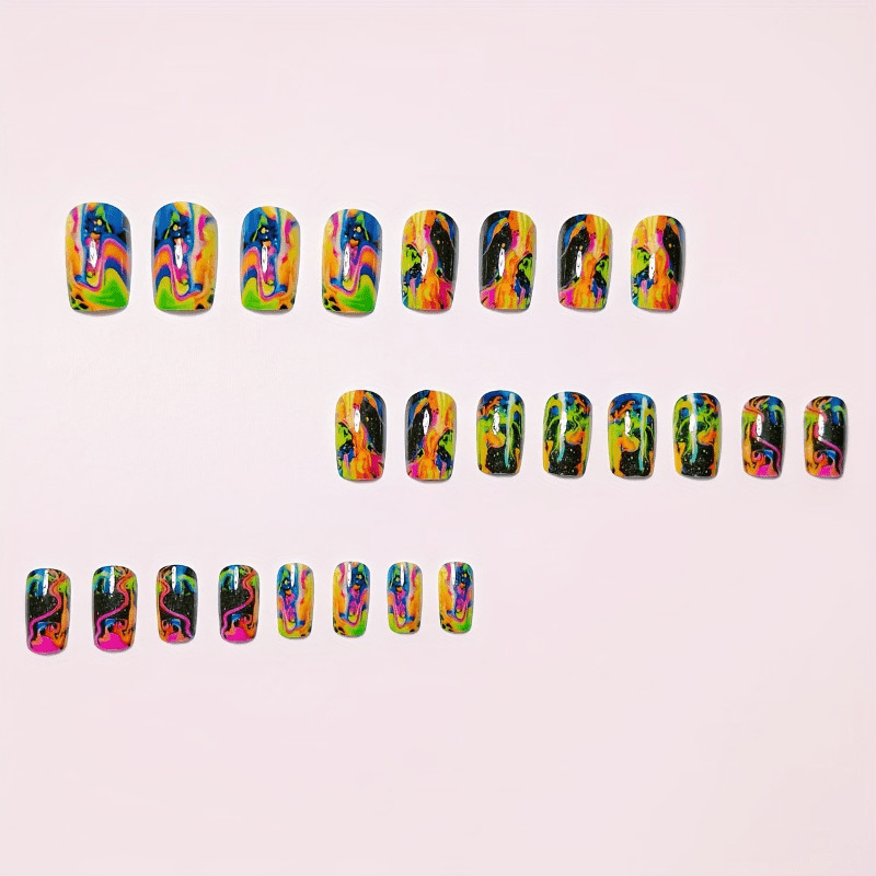 48Pcs-Black Base Square Press on Nails Neon Swirl Marble Glitter Trend Fake Nail