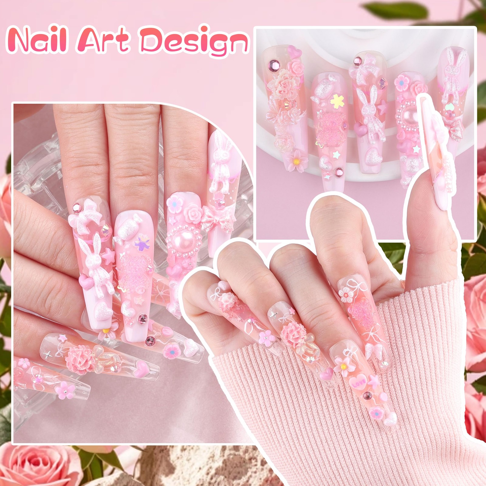 260Pcs 3D Assorted Pearls Nail Charms Acrylic Multi Shapes Heart Flower