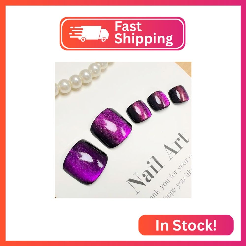 FJSMTOPl Press on Toenails Cat Eye Fake Toe Nails Purple False Toenails Glossy F