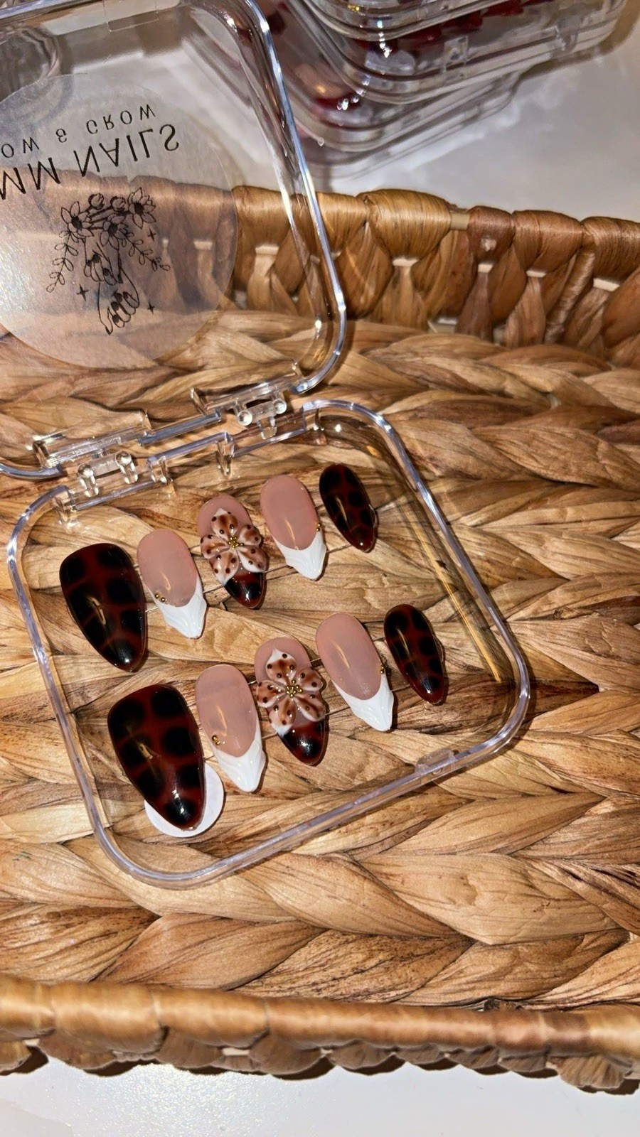 Long Almond Press-On Nails Brown Nude White 3D Flower Pre-Designed Full Cover