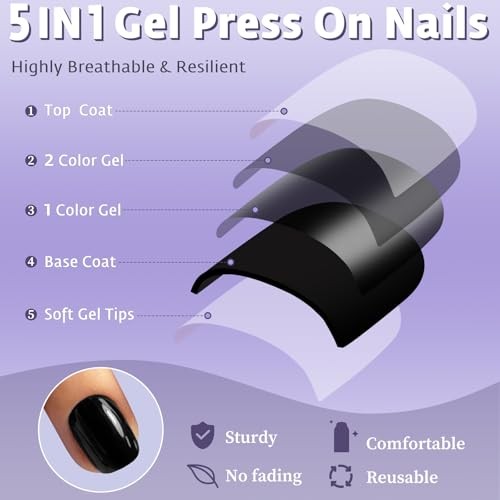 Press on Nails Short Square,120Pcs Glossy Fake Nails Full Cover Acrylic Black