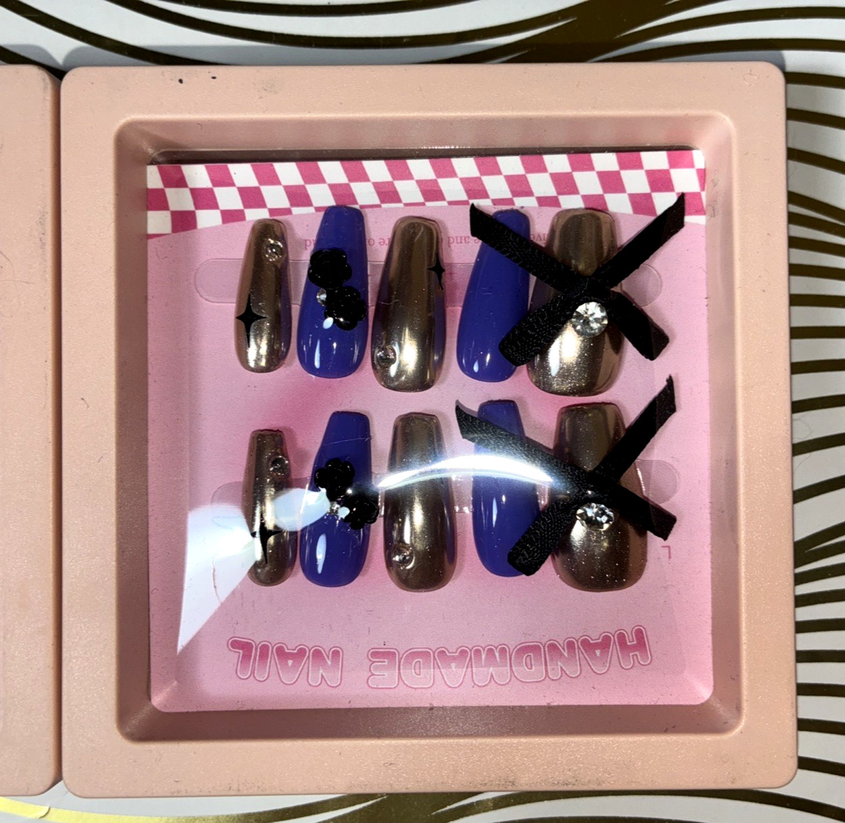 Set of 2 Designer Nail Art Press on Nails Pink & Silver & Purple Embellished