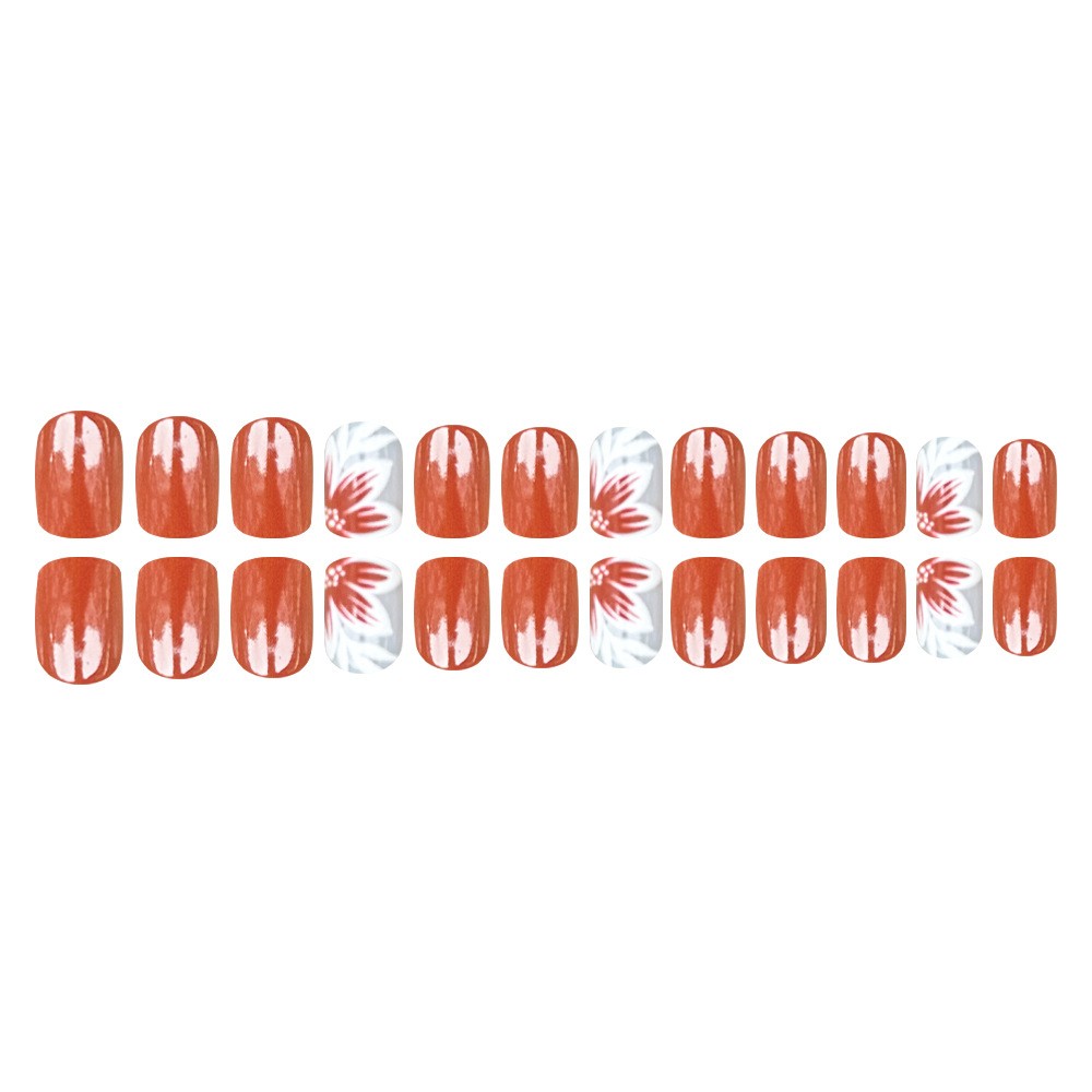 48pcs-Burnt Orange Press on Nails, Short Round Hand-Painted Flower False Nails