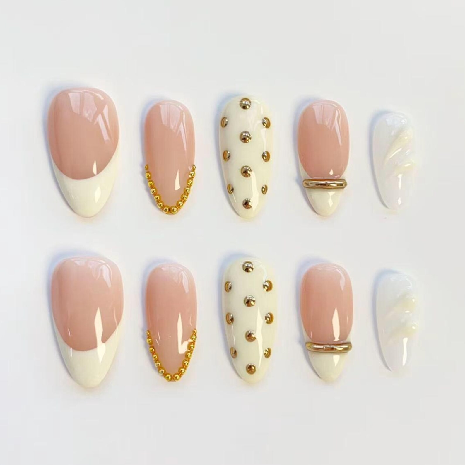 Handmade Nude White French Gold Bead Chain Medium Almond Press on Nails