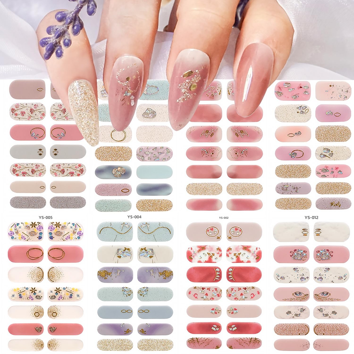8 Sheets Semi Cured Gel Nail Strips Glitter Wraps Polish Color