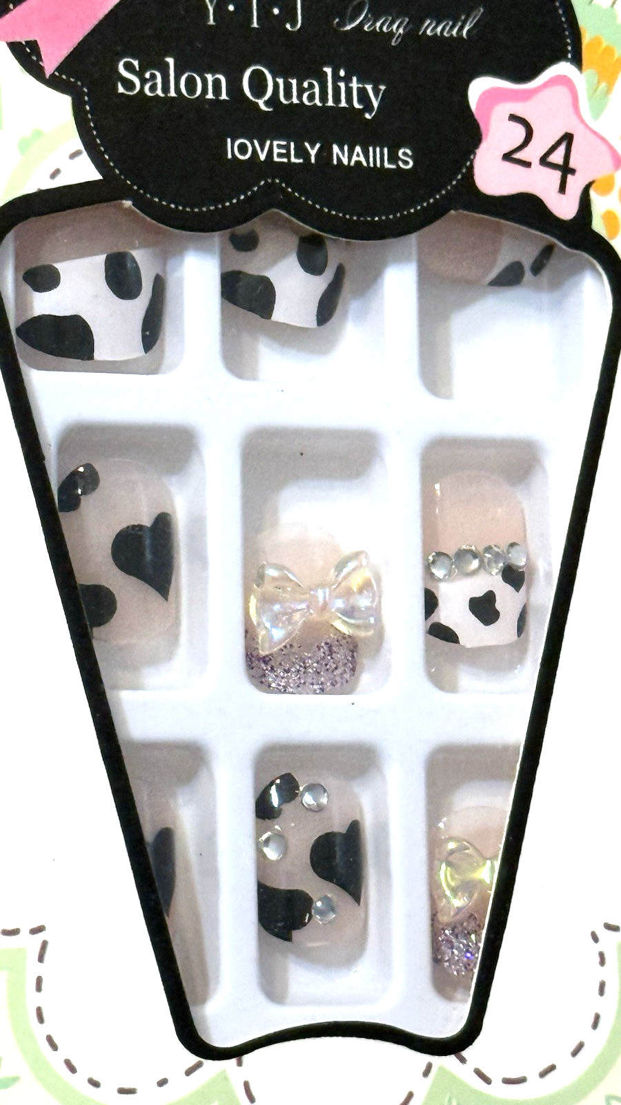 YTJ Salon Quality Lovely Press On Nails HEART & COW PRINT FRENCH TIP with BOWS