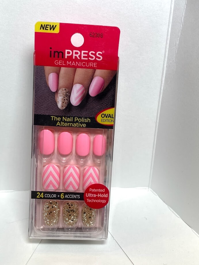 Impress Gel Manicure Press on Nails Short Oval Pink Wavy Glitter