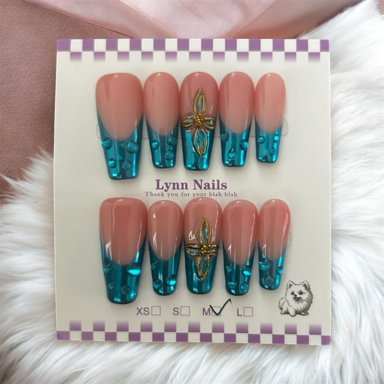 Handmade Lynn Press On Nails Size M (3.0) Blue Chrome French Tips 3D Design New